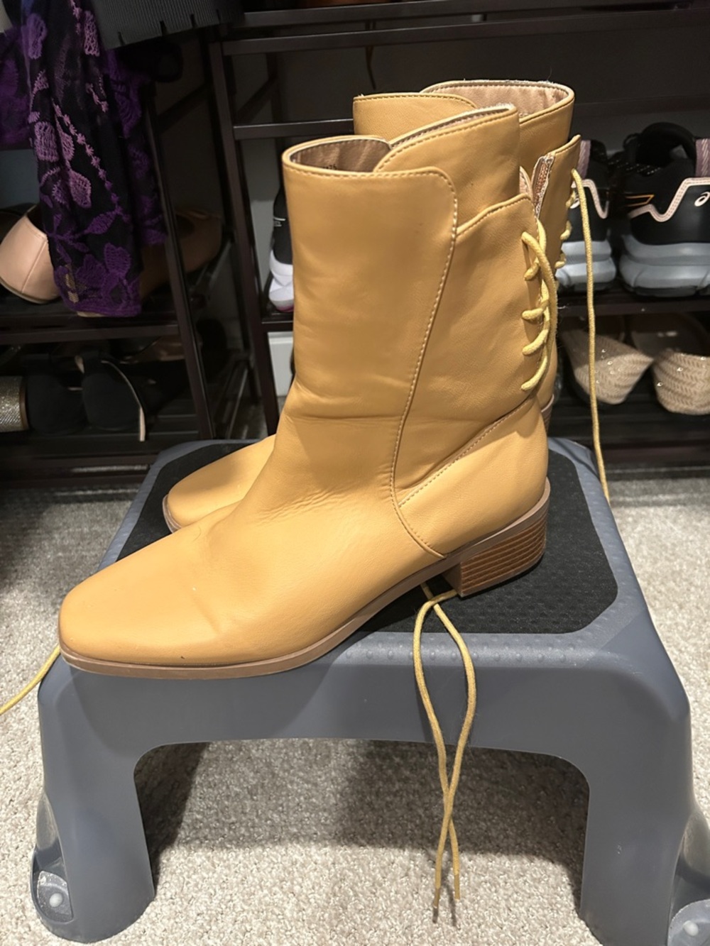 Women's Lace-Up Tan Leather Mid-Calf Boots